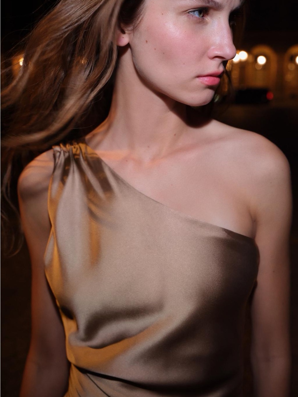 Zara One-Shoulder Satin Dress in Champagne Gold - Picture 4 of 13